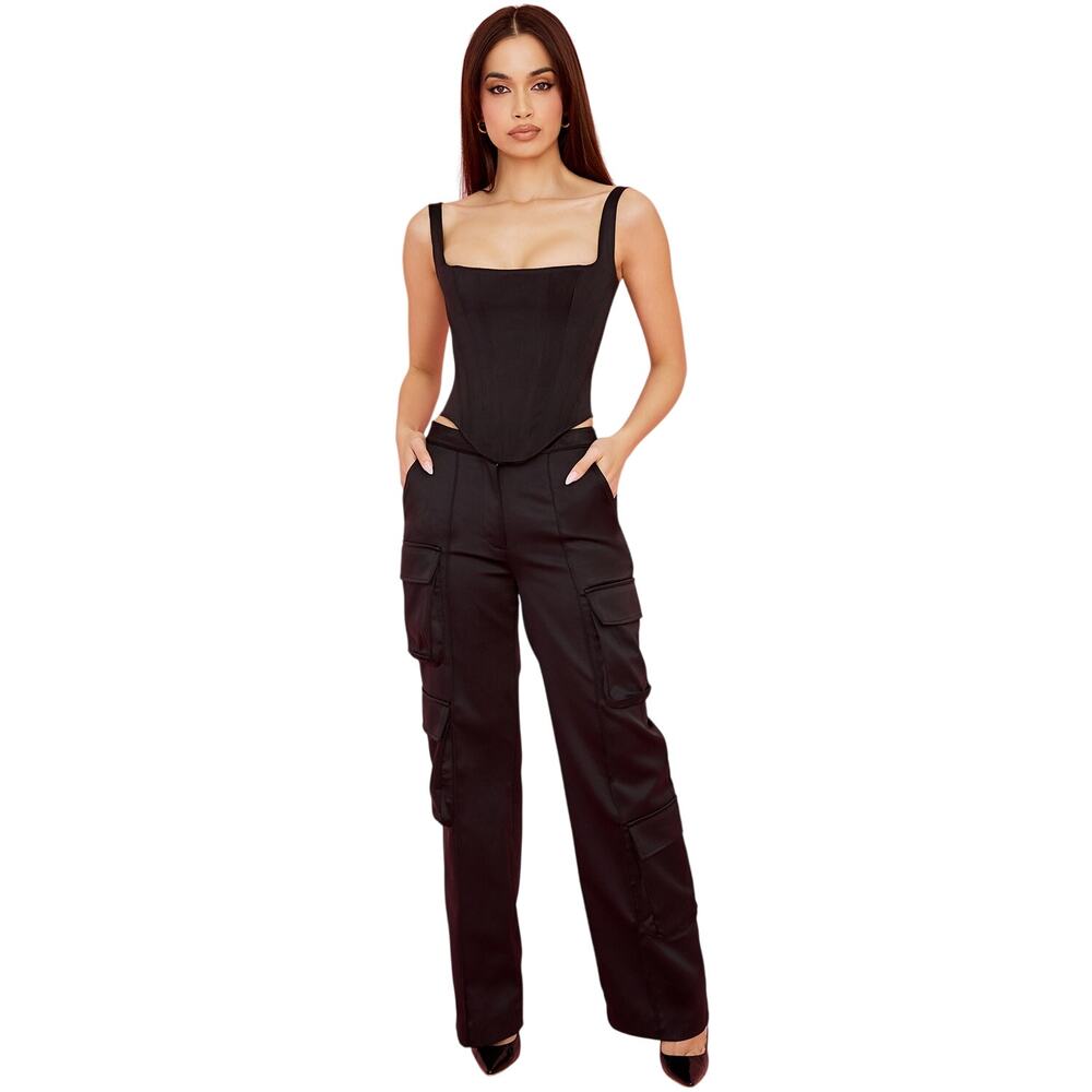 House of CB Darin Black Satin Cargo Trousers - Size L+